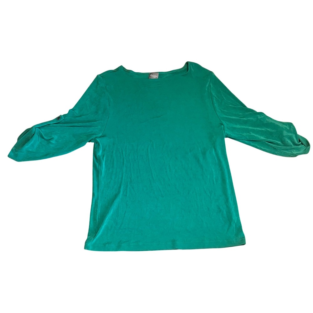 Travelers by Chicos Women's Top Boat Neck Roll Tab Sleeve Green Shirt Size 3/XL